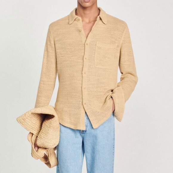Sandro Tan Mesh Long Sleeve Shirt in Large - Picture 6 of 10